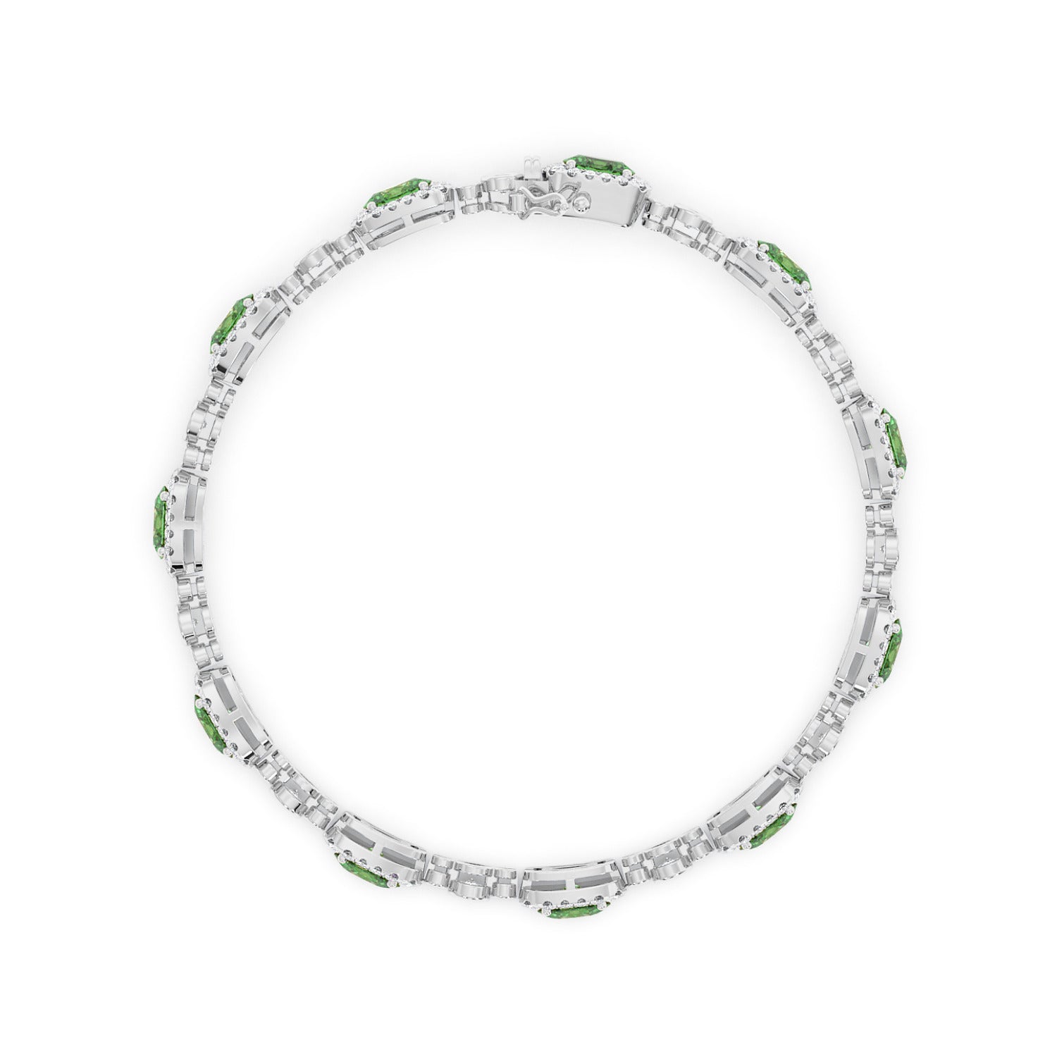 14k white gold circular bracelet with rectangular links, featuring small emerald gem accents in an elegant, minimalist design.