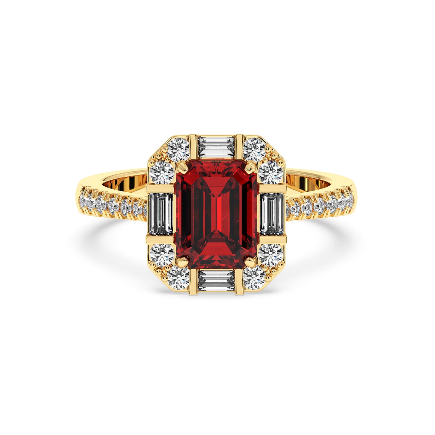 14k gold emerald ring with a central red emerald-cut stone, accented by baguette and round diamonds. Elegant and luxurious design.