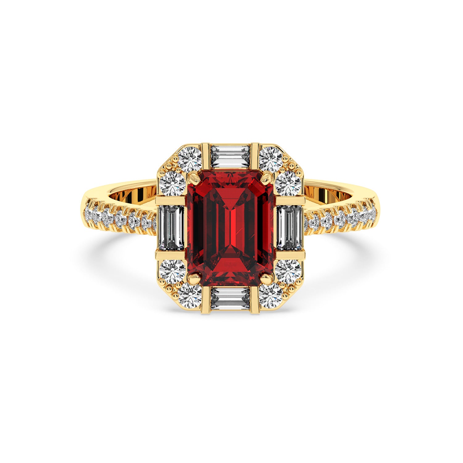 14k gold emerald ring with a central red emerald-cut stone, accented by baguette and round diamonds. Elegant and luxurious design.