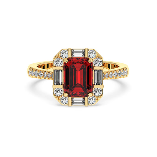 14k gold emerald ring with a central red emerald-cut stone, accented by baguette and round diamonds. Elegant and luxurious design.