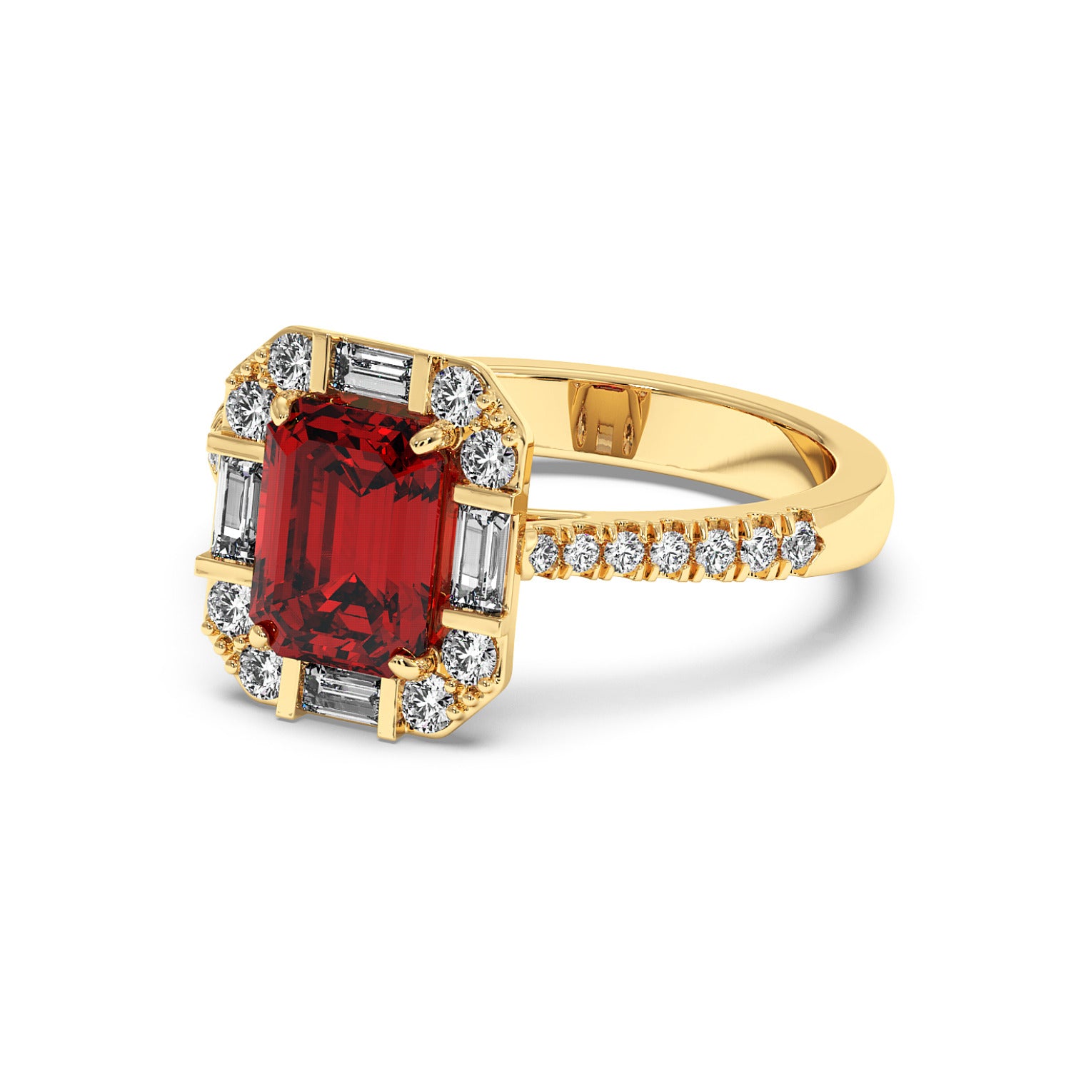 14k gold emerald ring with a radiant red gemstone center, surrounded by round and baguette diamonds, exuding elegance and luxury.