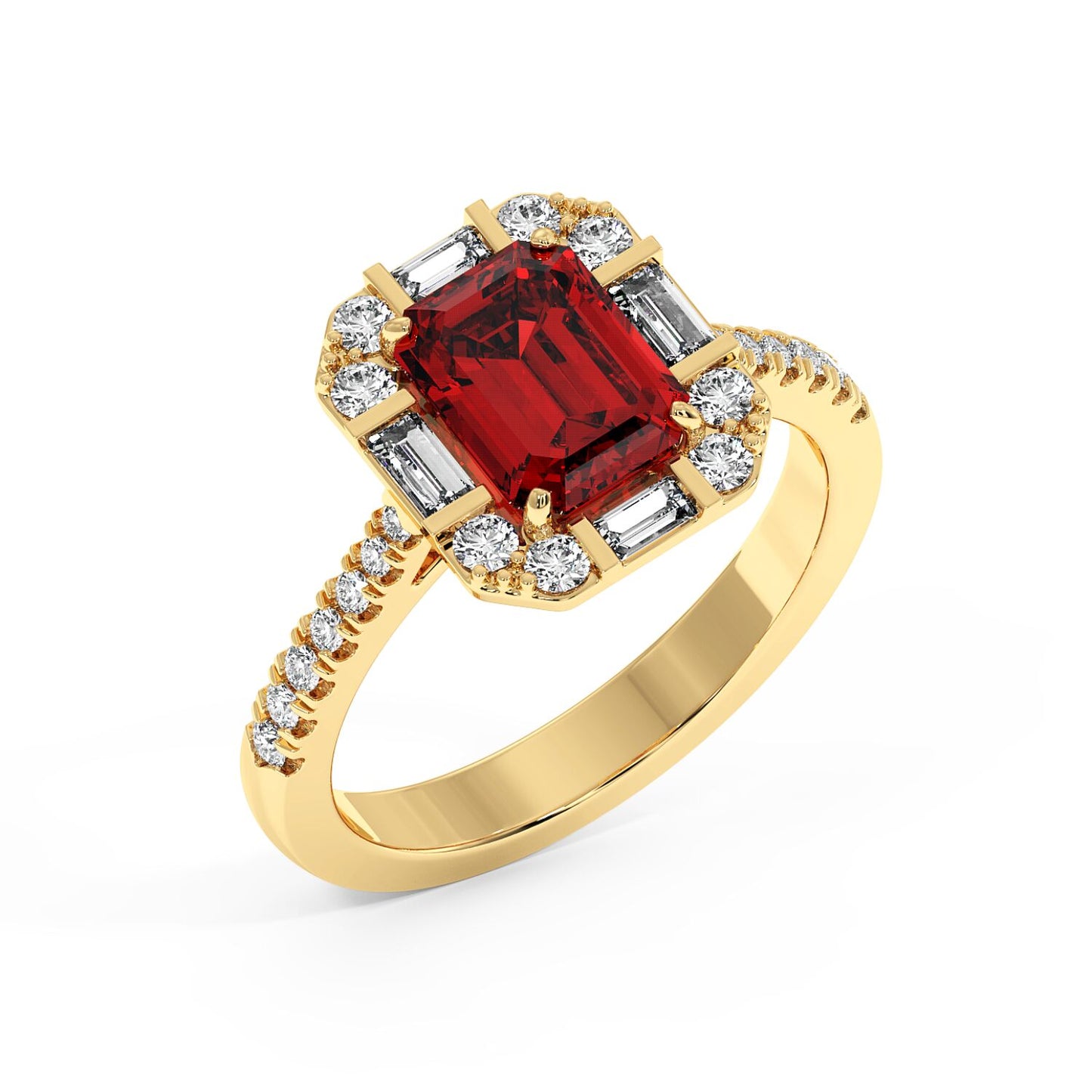 Top view of 14k gold emerald ring with a radiant red ruby center, surrounded by round and baguette diamonds, exuding elegance and luxury.