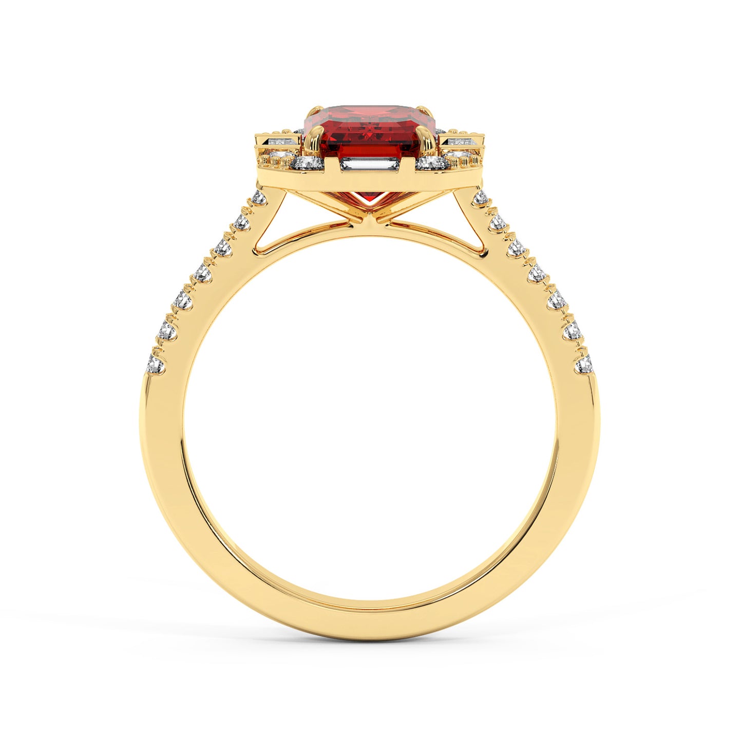 14k gold emerald ring featuring a radiant red ruby surrounded by baguette and round diamonds, exuding luxury and elegance.