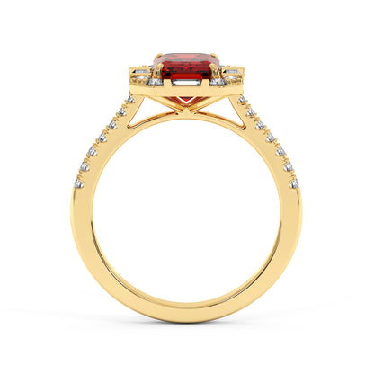14k gold emerald ring featuring a radiant red ruby surrounded by baguette and round diamonds, exuding luxury and elegance.