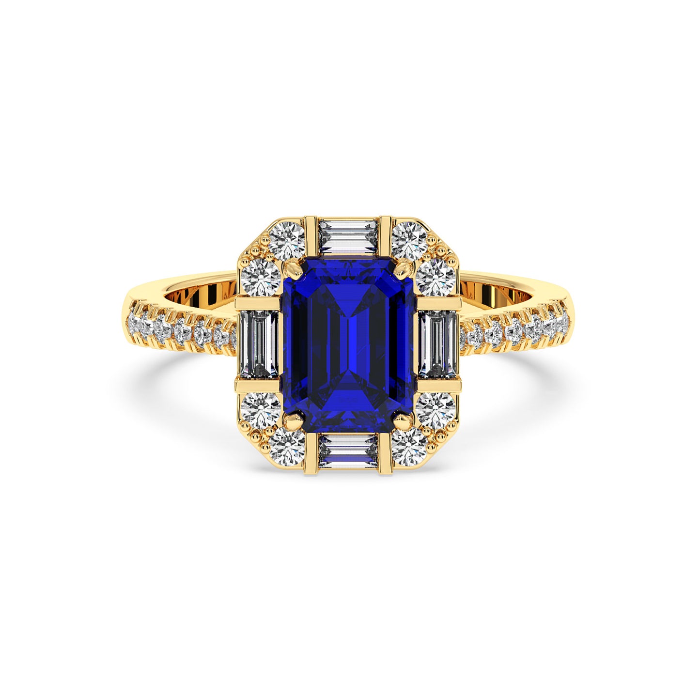 14k gold ring with a deep blue emerald-cut sapphire framed by round and baguette diamonds, exuding elegance and luxury on a white background.