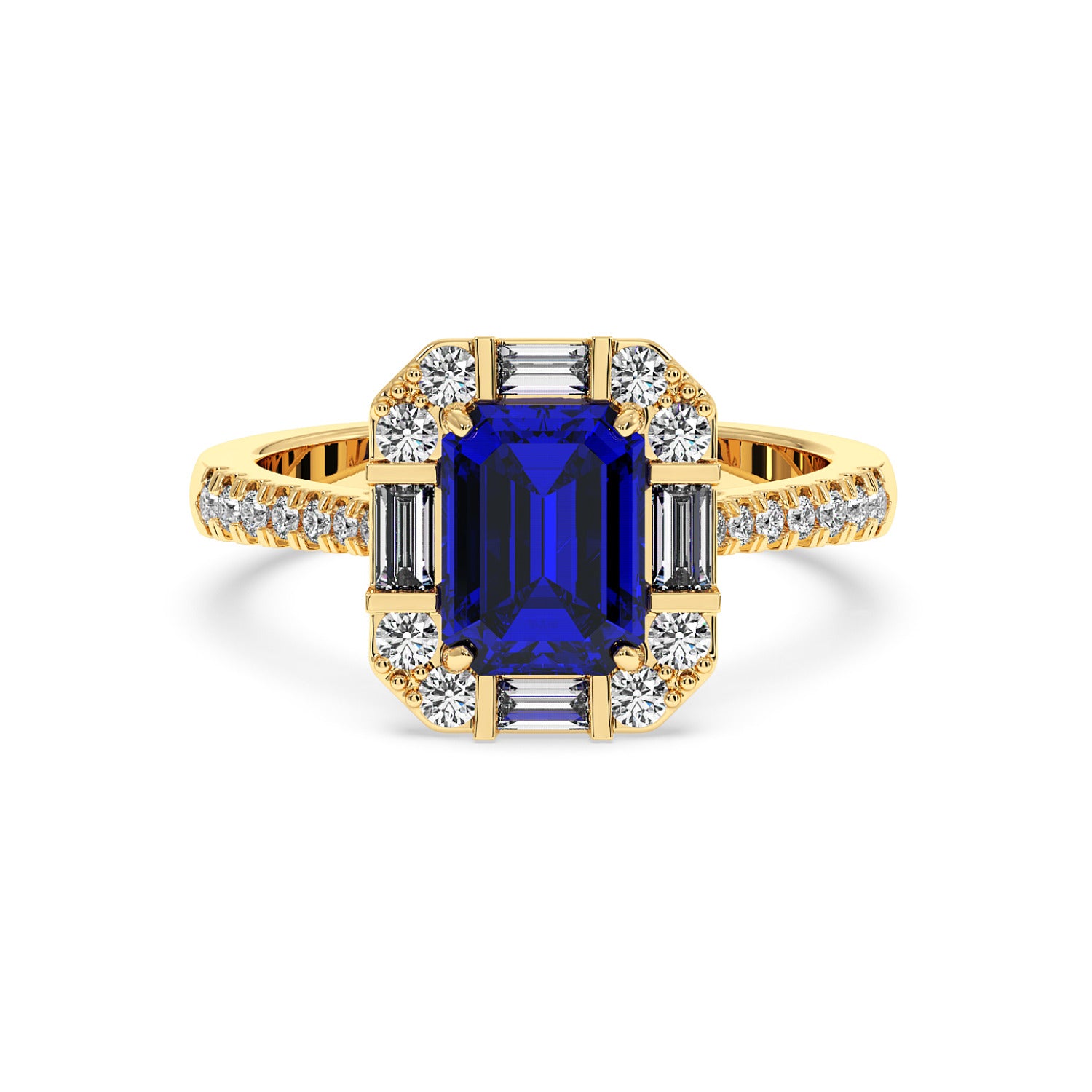 14k gold ring with a deep blue emerald-cut sapphire framed by round and baguette diamonds, exuding elegance and luxury on a white background.