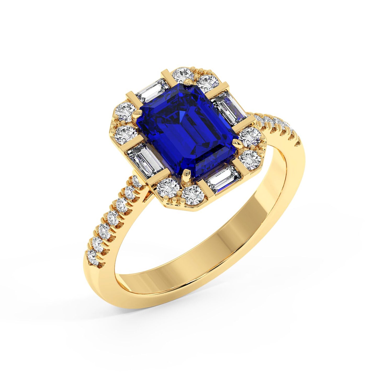 Top view of gold ring with a large blue sapphire center, surrounded by smaller diamonds, showcasing an elegant and luxurious design.