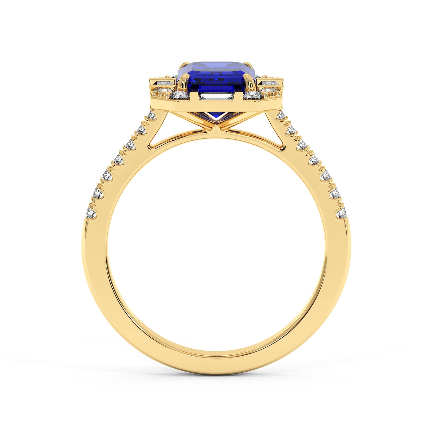 Gold ring with a deep blue rectangular sapphire center and a diamond-adorned band, creating an elegant and luxurious appearance.
