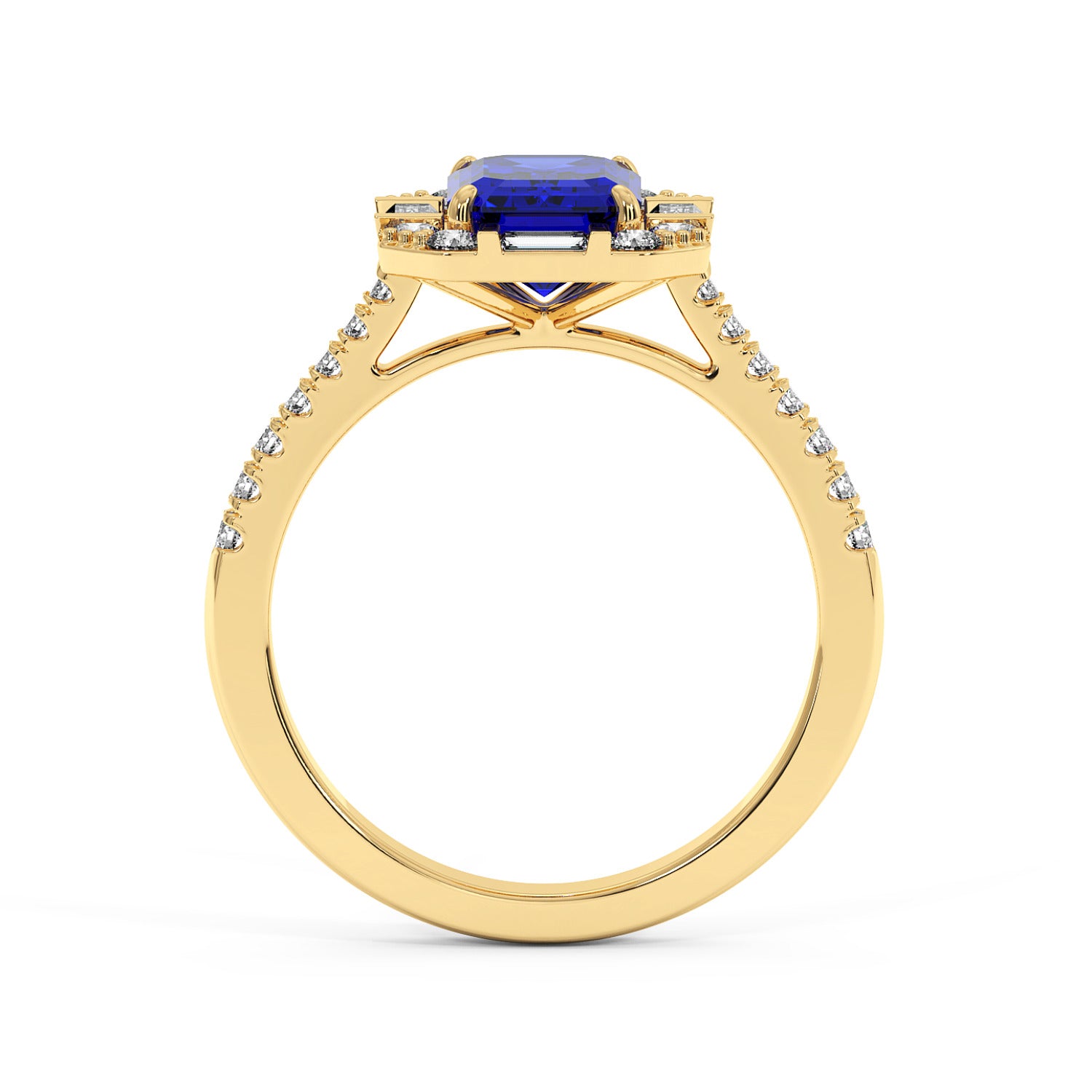 Gold ring with a deep blue rectangular sapphire center and a diamond-adorned band, creating an elegant and luxurious appearance.