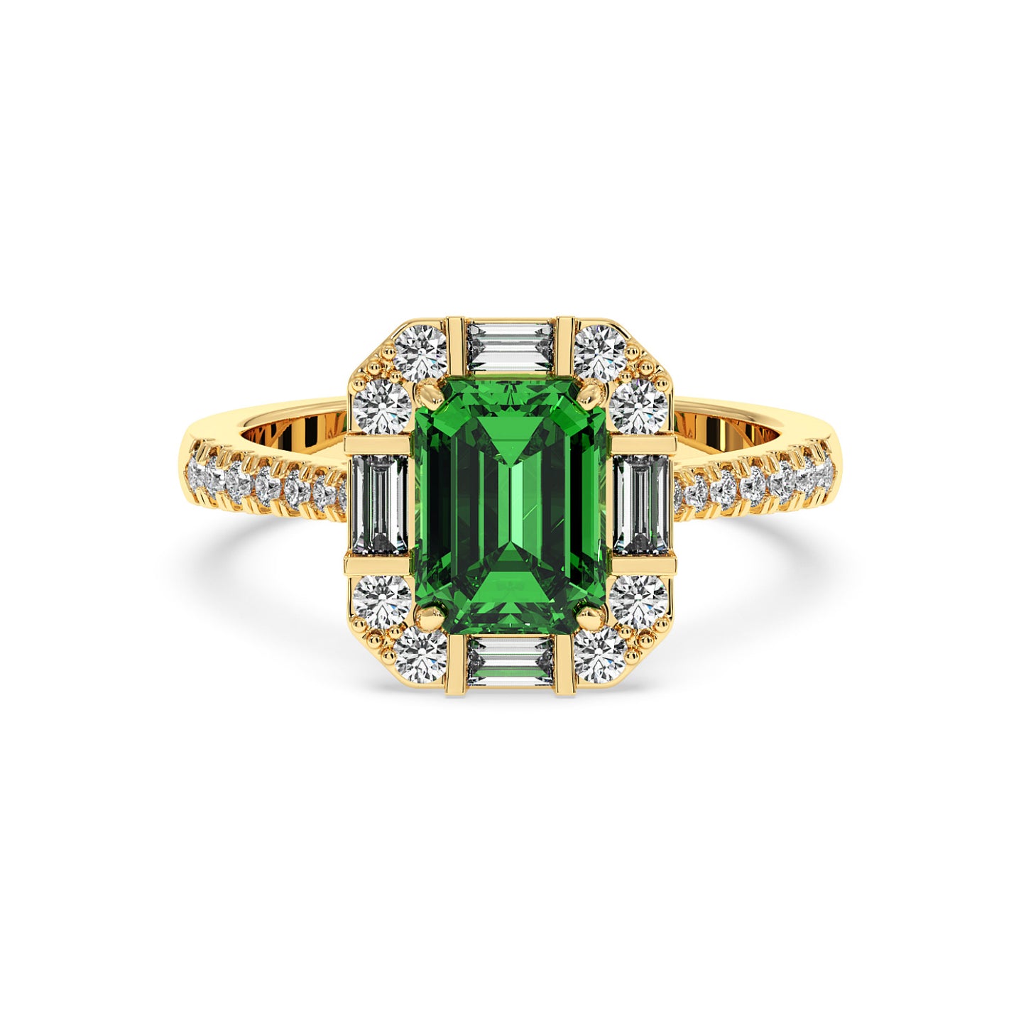Gold ring with a large emerald-cut green YAG center, surrounded by round and baguette diamonds on a diamond-studded band.