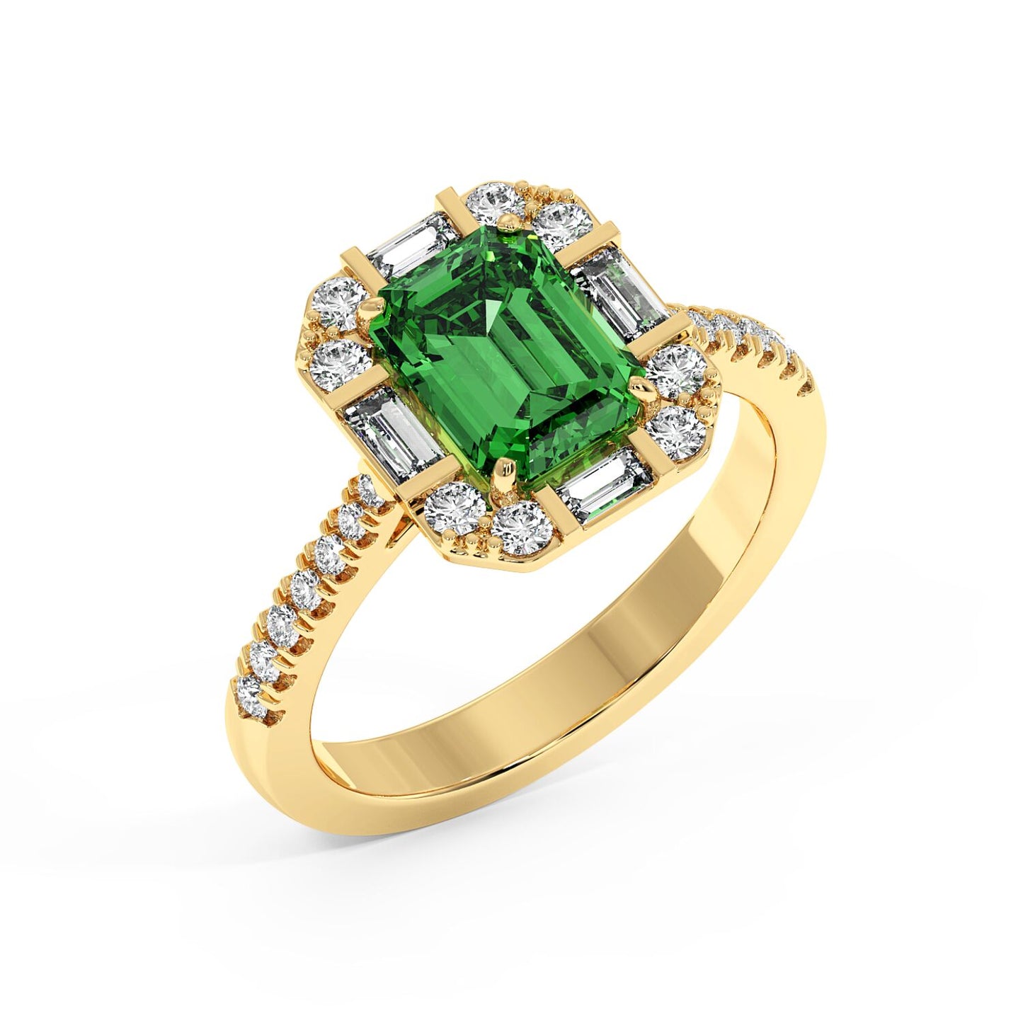 Top view of a gold ring with an emerald-cut green YAG surrounded by clear diamonds, band adorned with small diamonds