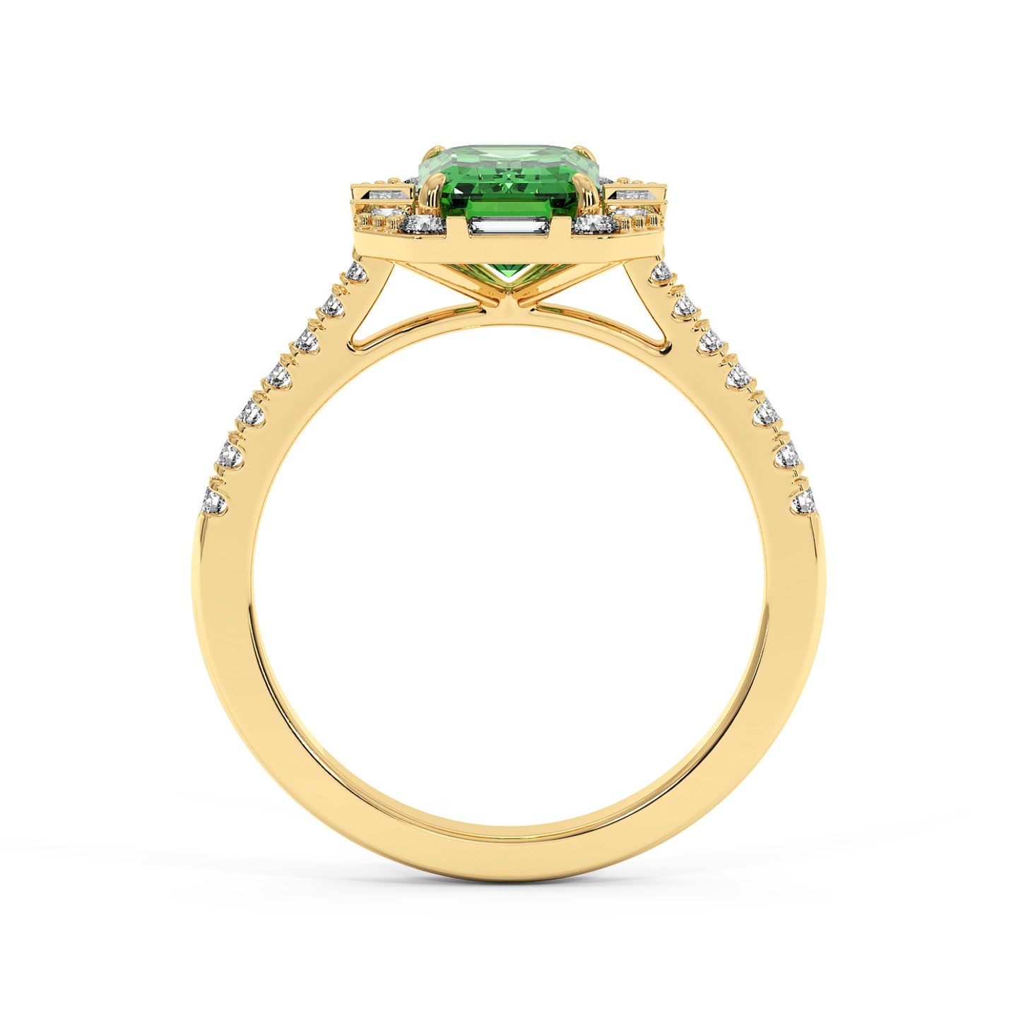 Gold ring with a vibrant green YAG center and small diamonds along the intricately detailed band, conveying elegance and luxury.
