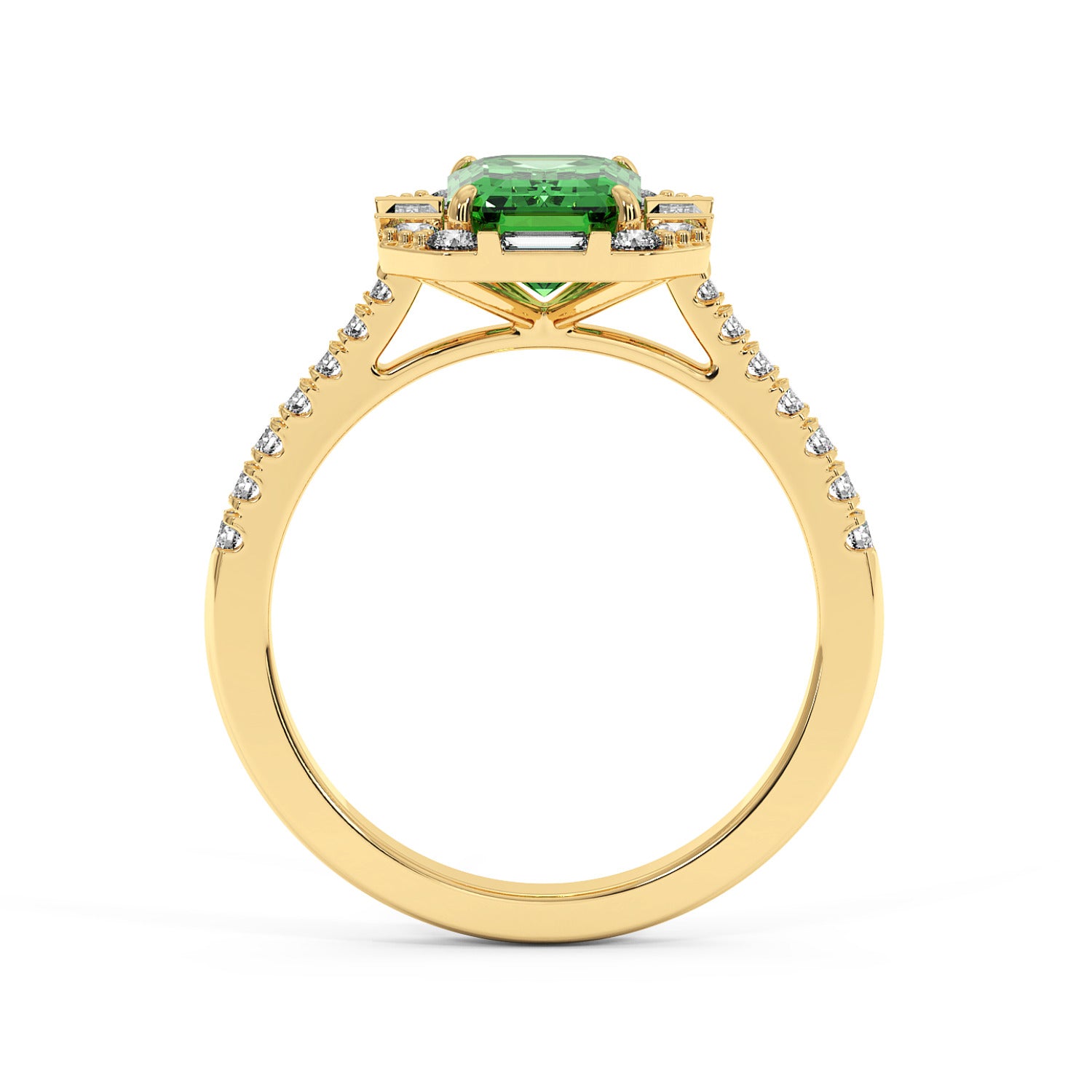 Gold ring with a vibrant green YAG center and small diamonds along the intricately detailed band, conveying elegance and luxury.