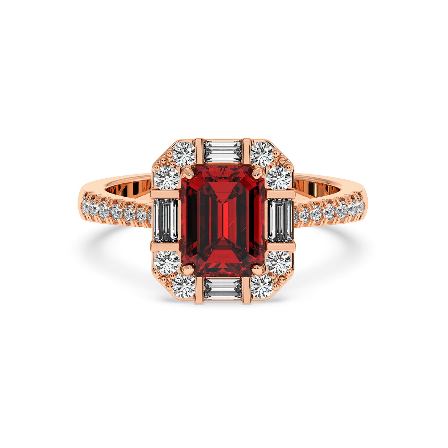 Rose gold emerald ring with an emerald-cut red ruby center framed by round and baguette diamonds, exuding elegance and luxury.