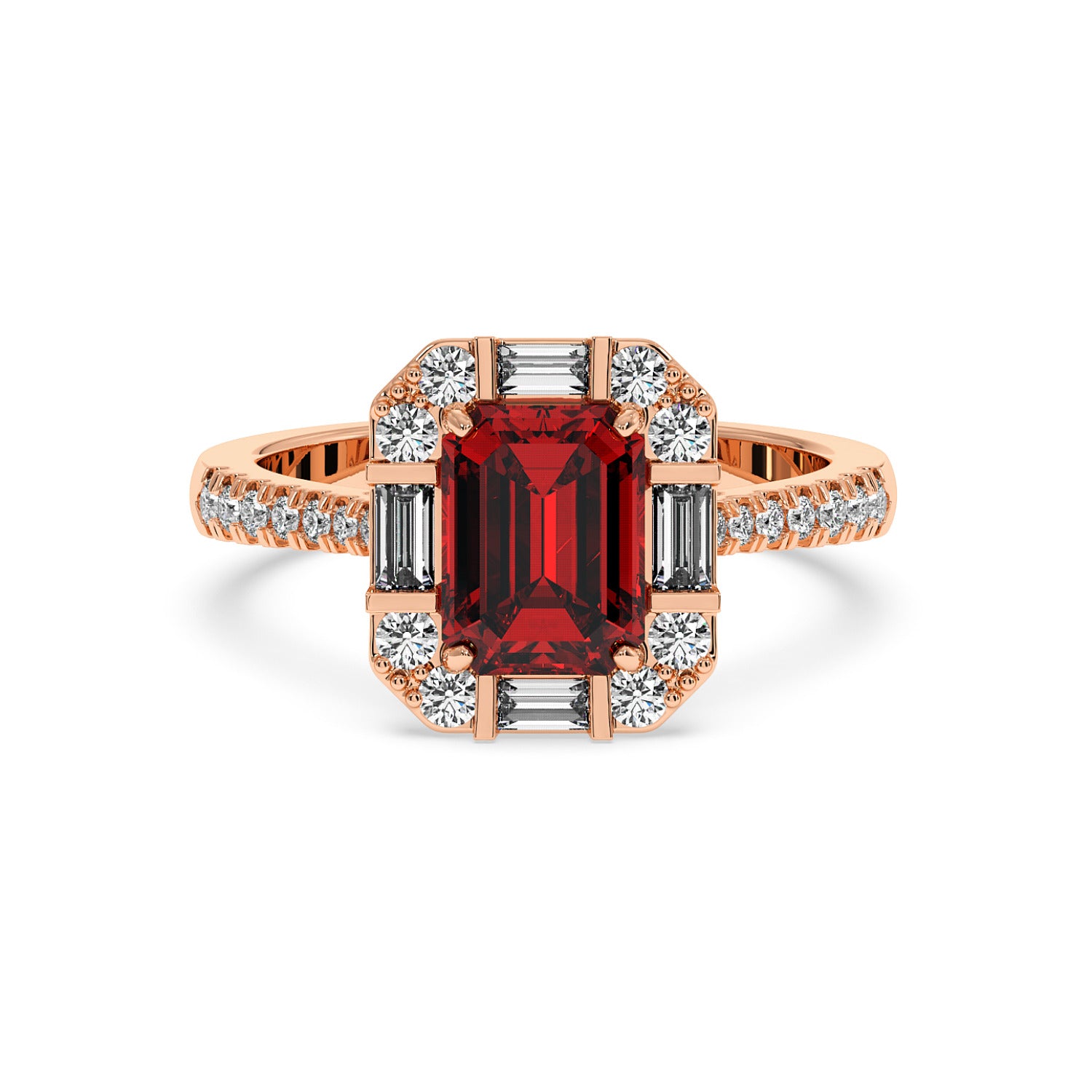Rose gold emerald ring with an emerald-cut red ruby center framed by round and baguette diamonds, exuding elegance and luxury.