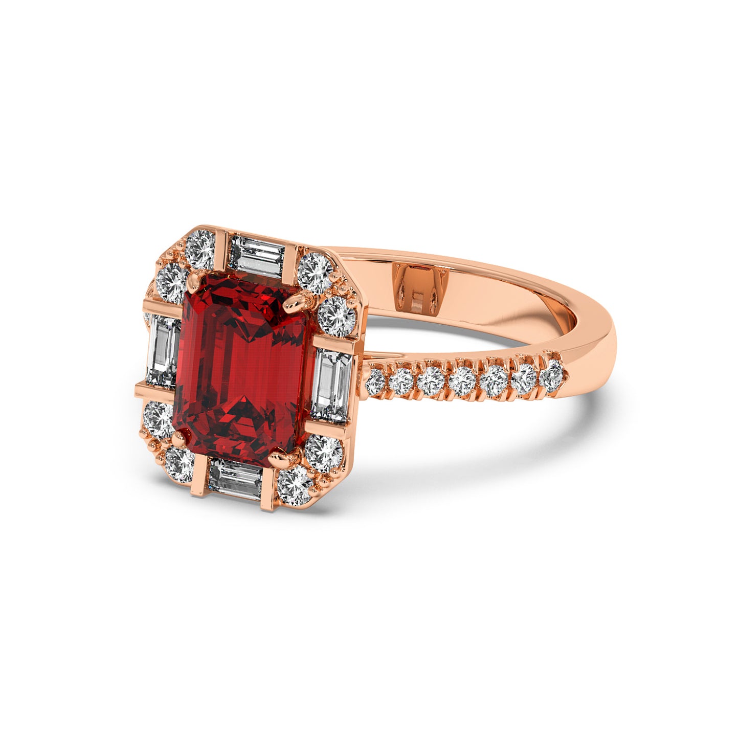 Rose gold emerald ring featuring a rectangular red ruby center surrounded by round and baguette diamonds, exuding elegance and luxury.