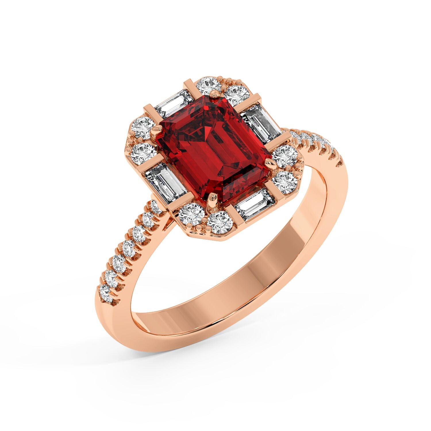 Top view of ose gold emerald ring featuring a rectangular red ruby center surrounded by round and baguette diamonds.