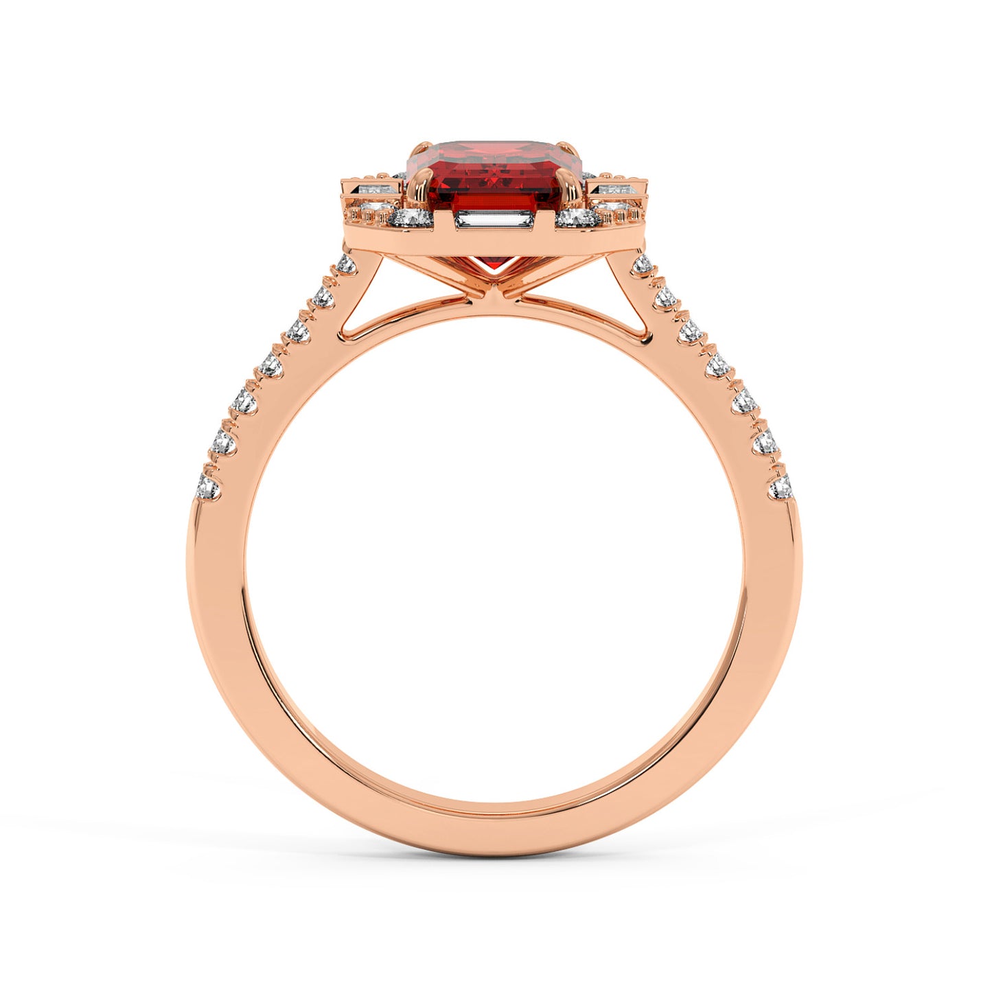 Rose gold emerald engagement ring with a square red ruby center surrounded by small diamonds and accented band, exuding elegance.