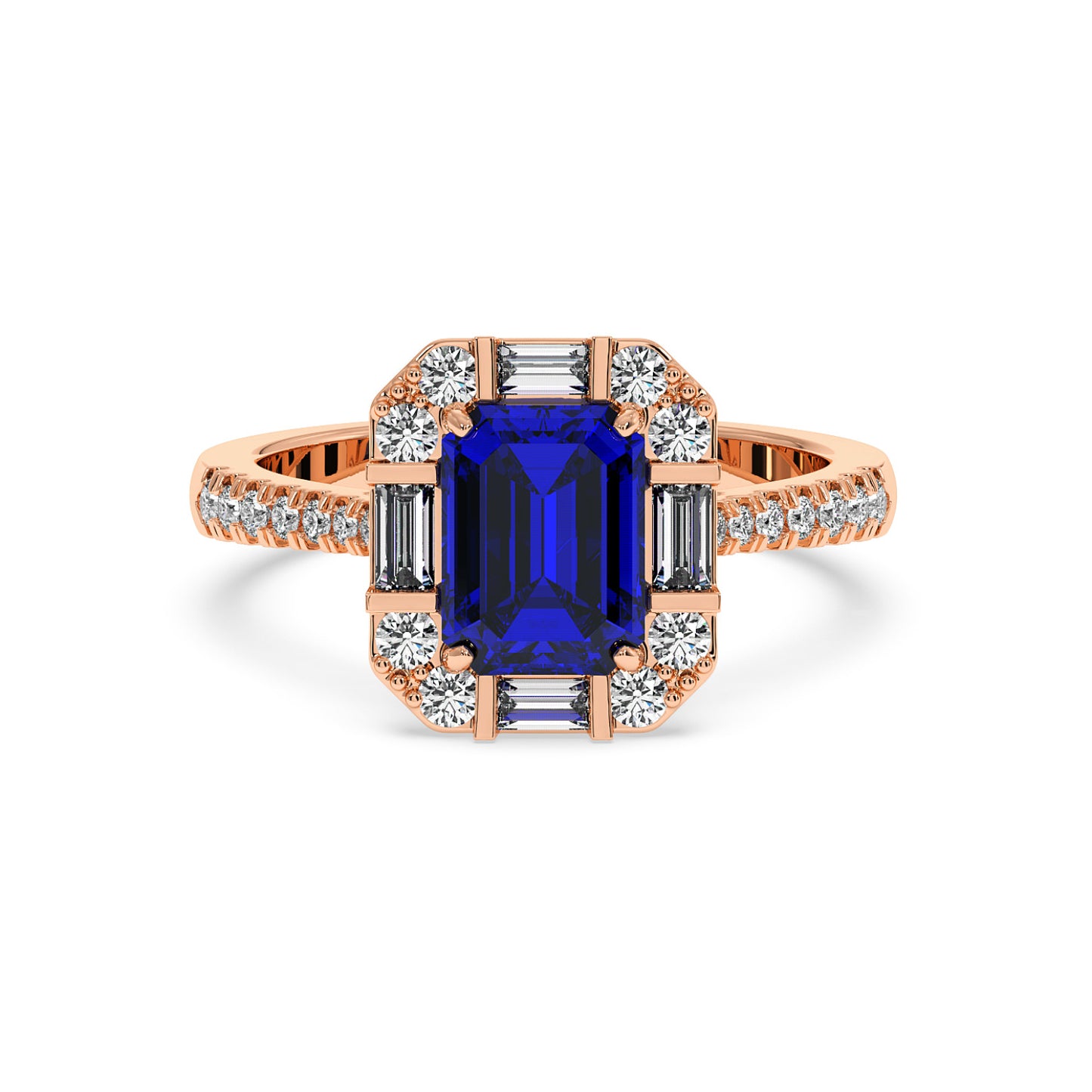 A rose gold emerald ring with a large blue sapphire center surrounded by sparkling diamonds on the band, exuding elegance and luxury.