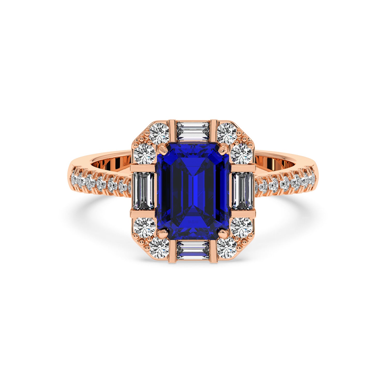 A rose gold emerald ring with a large blue sapphire center surrounded by sparkling diamonds on the band, exuding elegance and luxury.