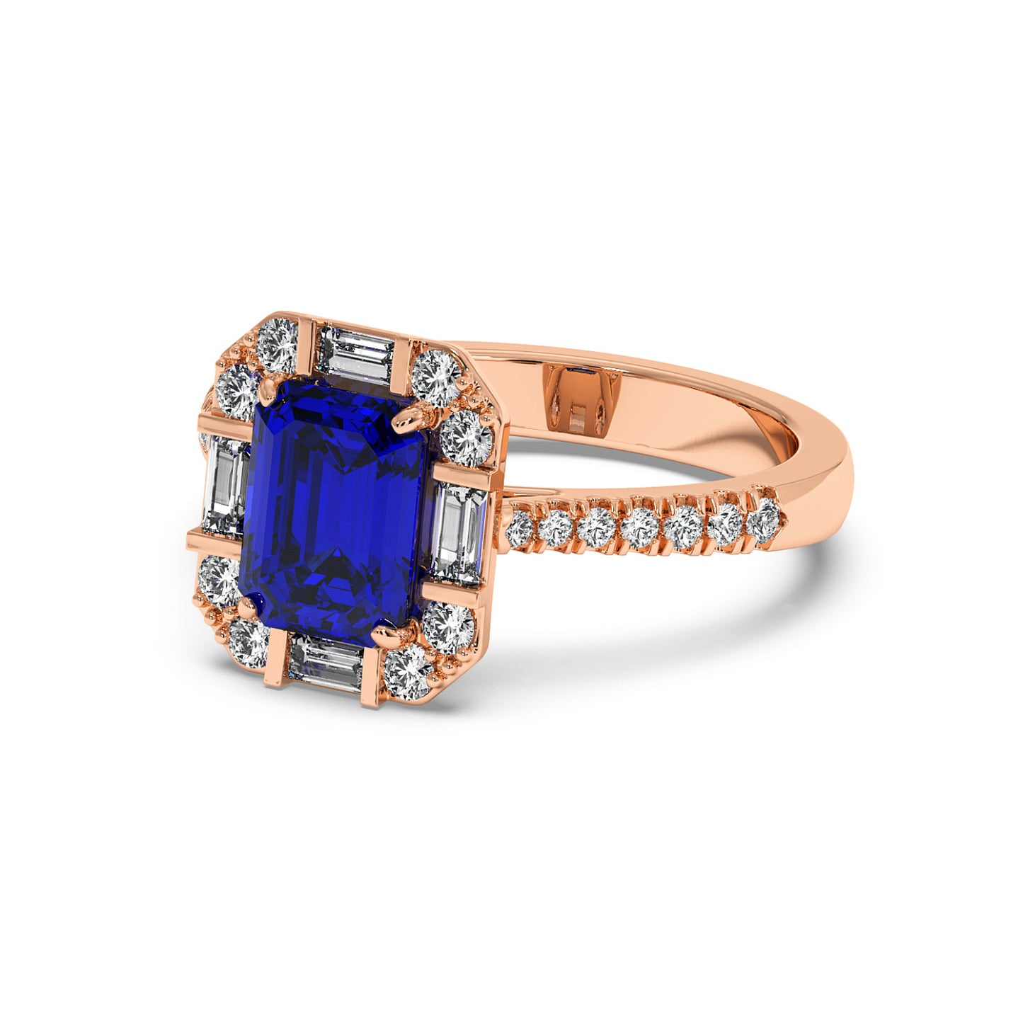 Rose gold emerald ring with an emerald-cut deep blue sapphire center, surrounded by sparkling diamonds on a detailed band, exuding luxury.