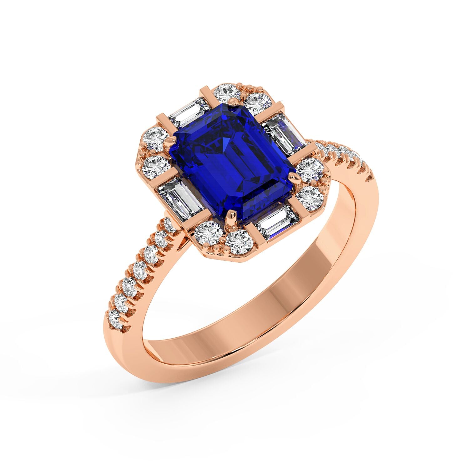 Top view of rose gold emerald ring with an emerald-cut deep blue sapphire center, surrounded by sparkling diamonds on a detailed band