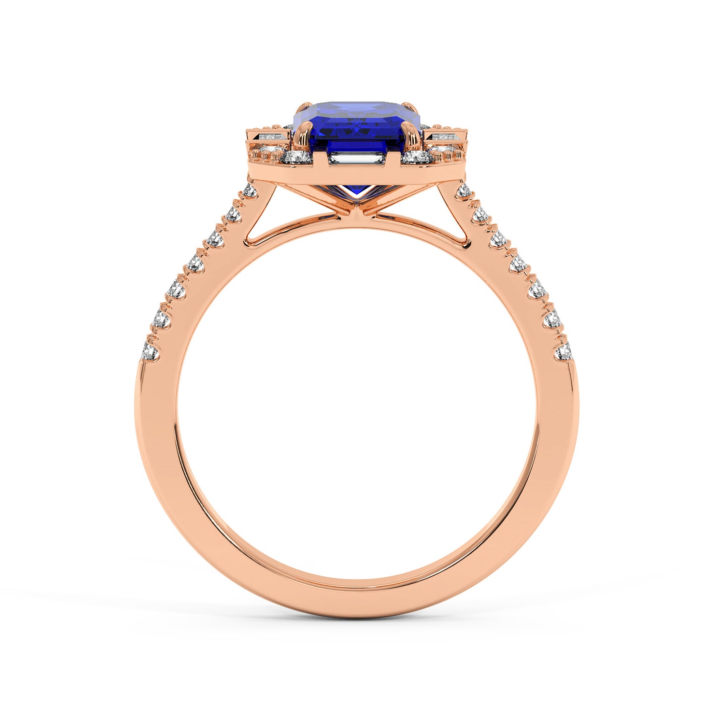 Rose gold emerald ring with rectangular blue sapphire center, surrounded by baguette and round diamonds on band, creating an elegant look.