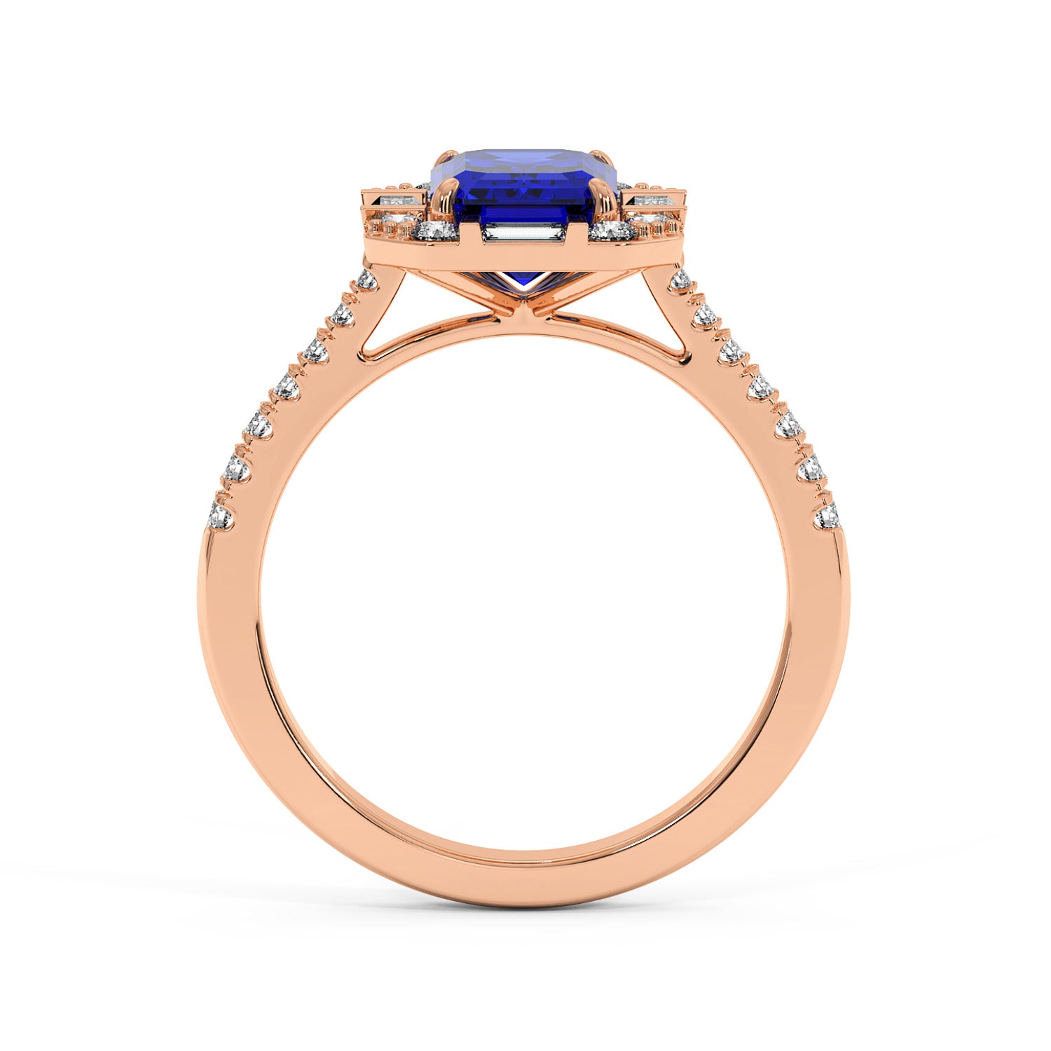 Rose gold emerald ring with rectangular blue sapphire center, surrounded by baguette and round diamonds on band, creating an elegant look.