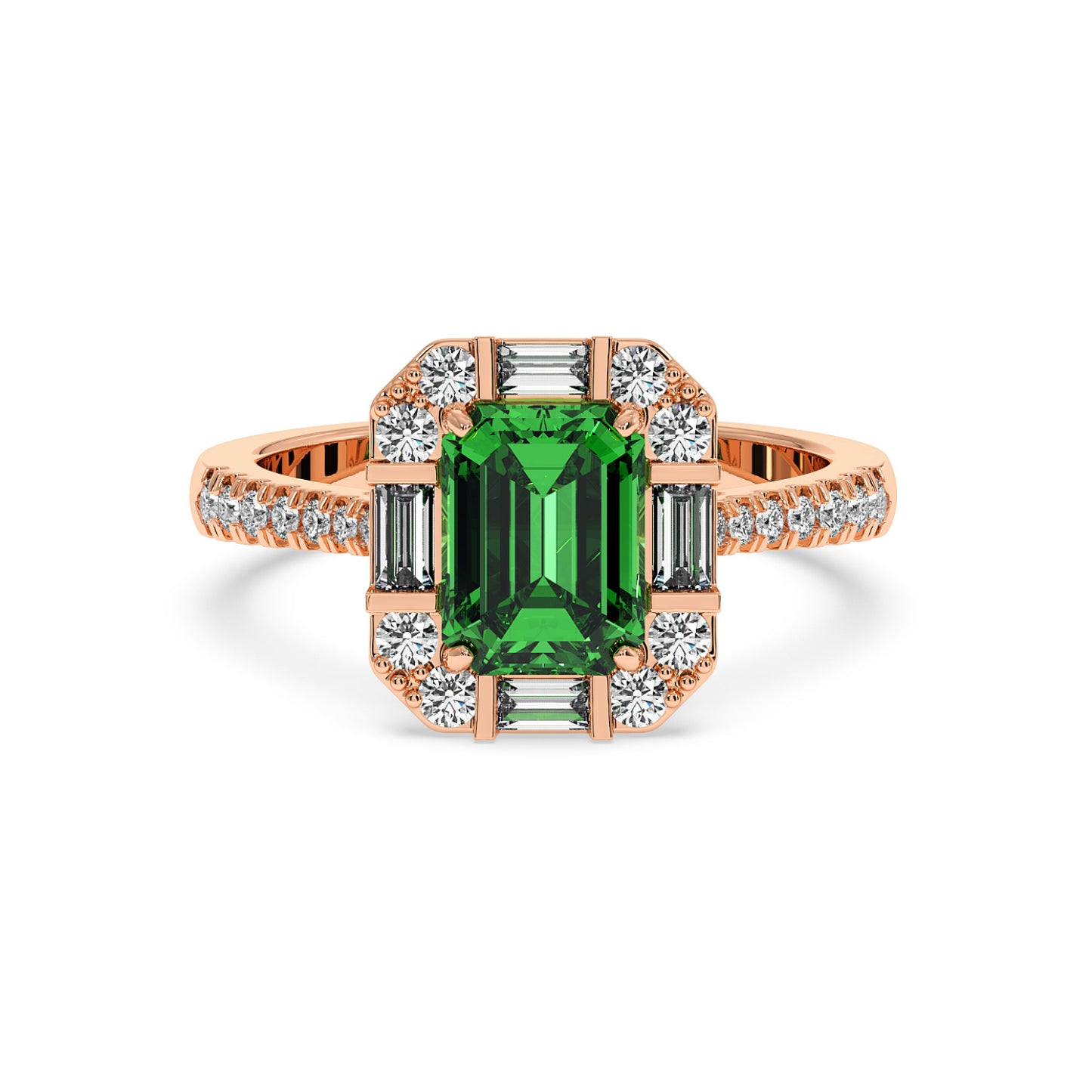 Rose gold ring with an emerald-cut green YAG center, surrounded by sparkling diamonds on the band and setting, exuding elegance and luxury.
