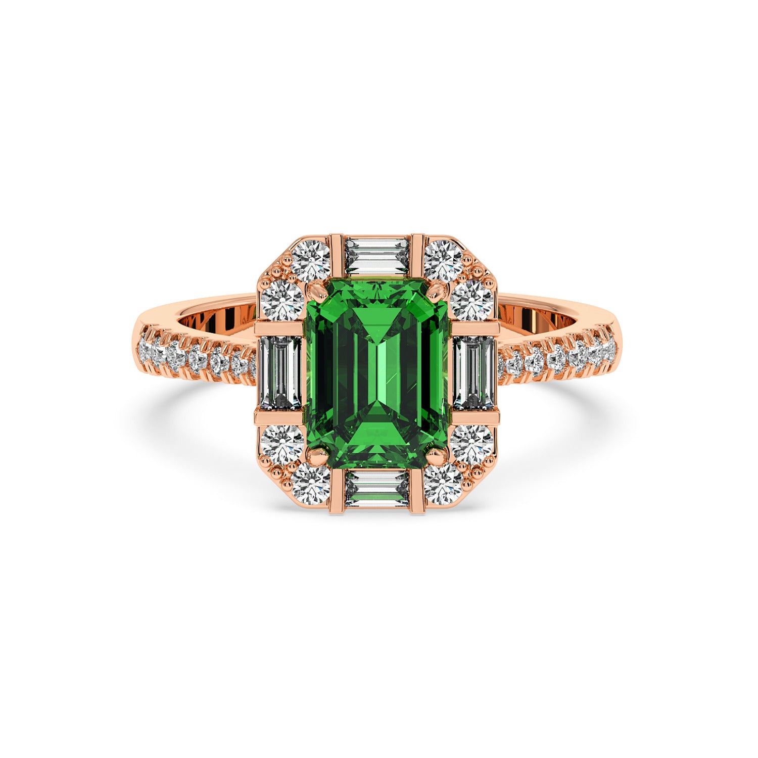 Rose gold ring with an emerald-cut green YAG center, surrounded by sparkling diamonds on the band and setting, exuding elegance and luxury.