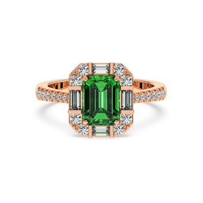 Rose gold ring with an emerald-cut green YAG center, surrounded by sparkling diamonds on the band and setting, exuding elegance and luxury.