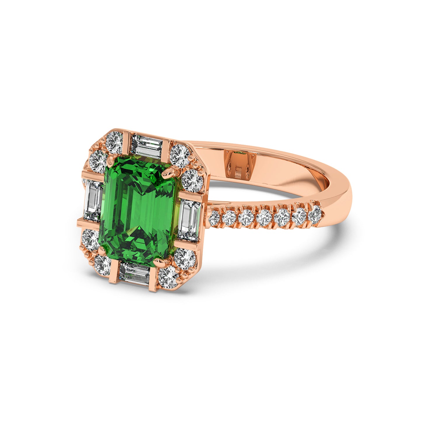 A rose gold ring with an emerald-cut green YAG surrounded by small diamonds and accents on the band, exuding elegance and luxury.