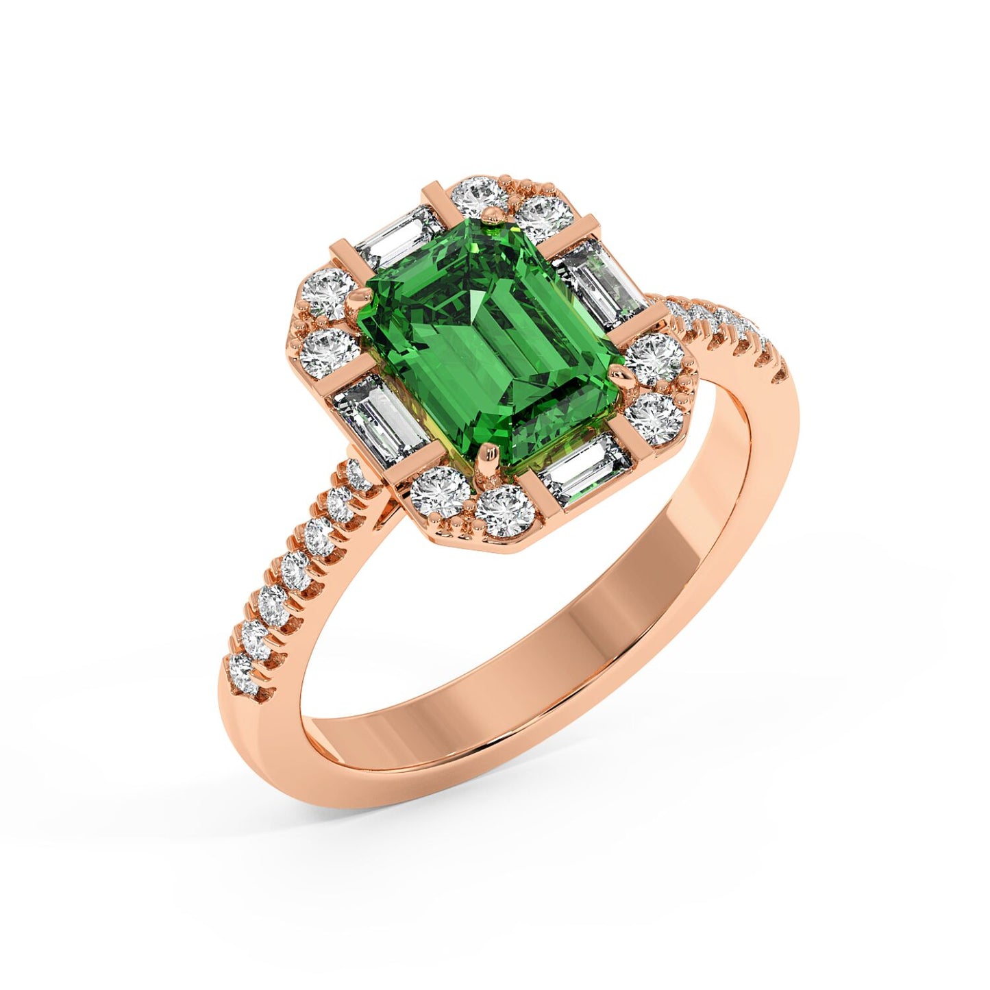 Top view of a rose gold ring with an emerald-cut green YAG surrounded by small diamonds and accents on the band, exuding elegance and luxury