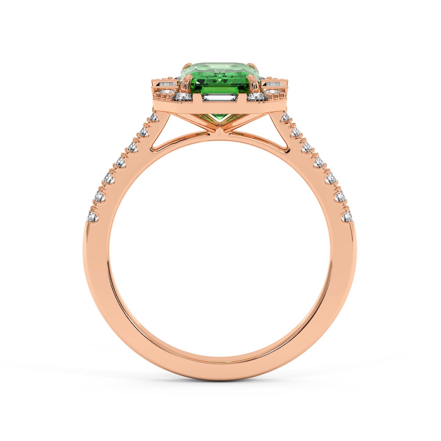Rose gold ring with a vivid green YAG in a prong setting and a diamond-studded band, creating an elegant, luxurious look