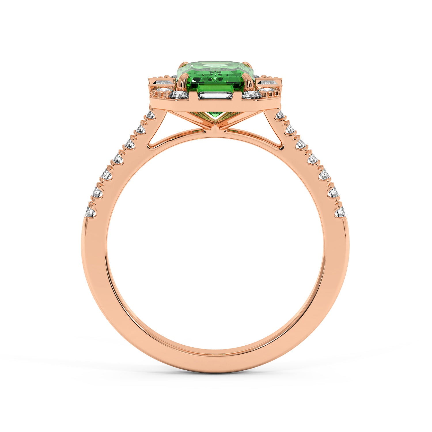 Rose gold ring with a vivid green YAG in a prong setting and a diamond-studded band, creating an elegant, luxurious look