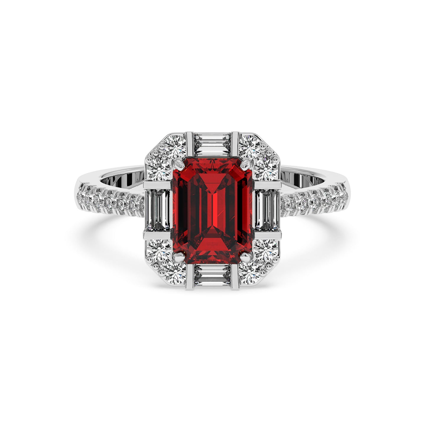 A 14k white gold ring with a vibrant rectangular red ruby center surrounded by sparkling diamonds, exuding elegance and luxury.