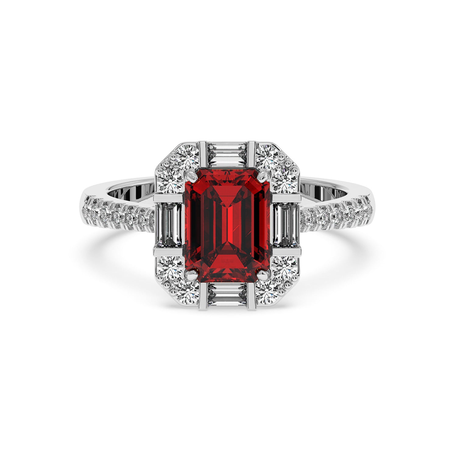A 14k white gold ring with a vibrant rectangular red ruby center surrounded by sparkling diamonds, exuding elegance and luxury.