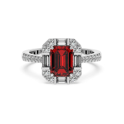 A 14k white gold ring with a vibrant rectangular red ruby center surrounded by sparkling diamonds, exuding elegance and luxury.