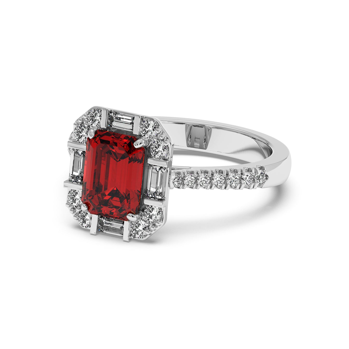 Elegant 14k white gold ring with a rectangular red ruby surrounded by sparkling diamonds. Band adorned with smaller diamonds, exuding luxury.