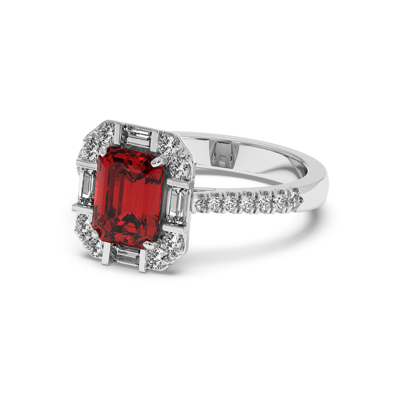 Elegant 14k white gold ring with a rectangular red ruby surrounded by sparkling diamonds. Band adorned with smaller diamonds, exuding luxury.