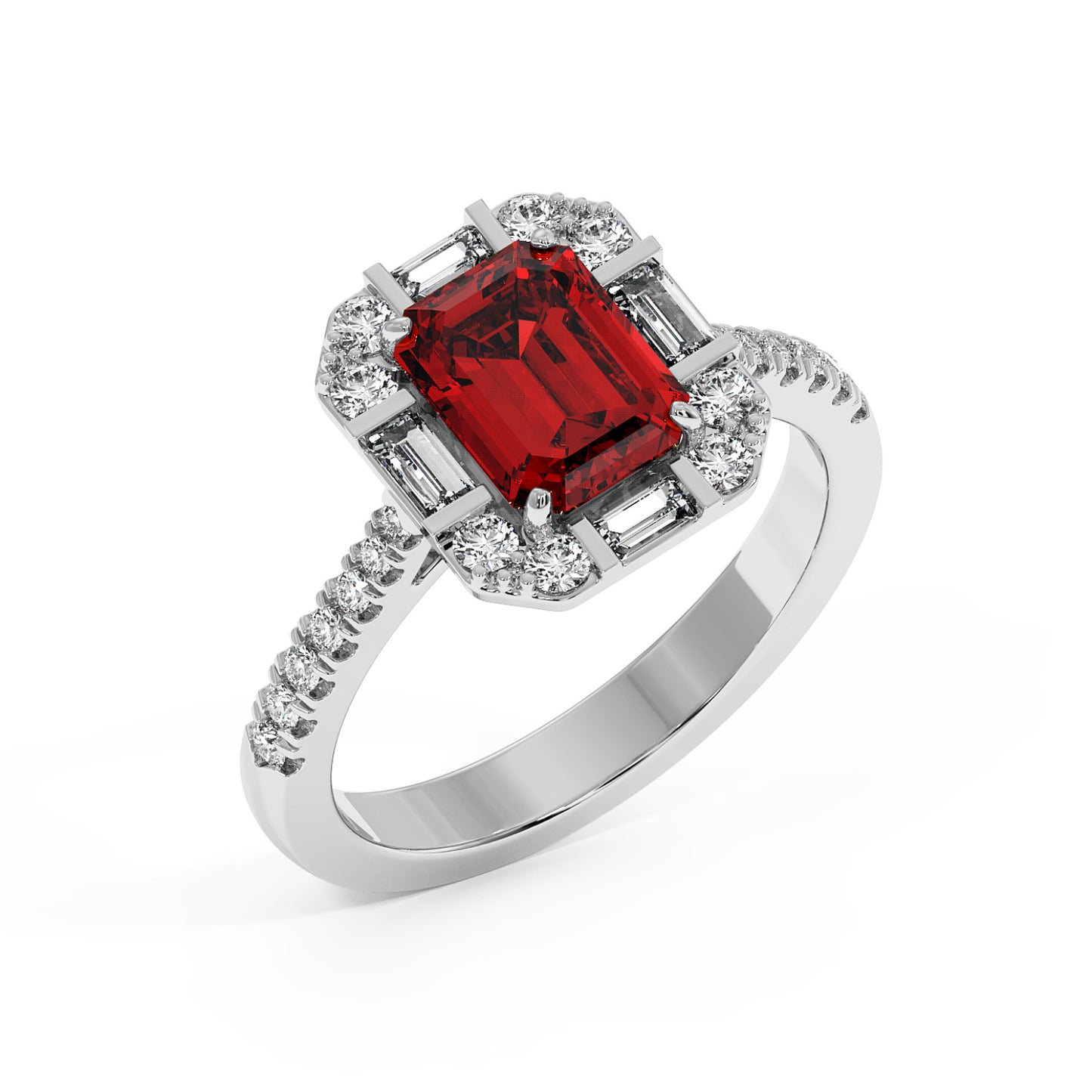 Top view of a 14k white gold ring with a rectangular red ruby surrounded by sparkling diamonds. Band adorned with smaller diamonds, exuding luxury.