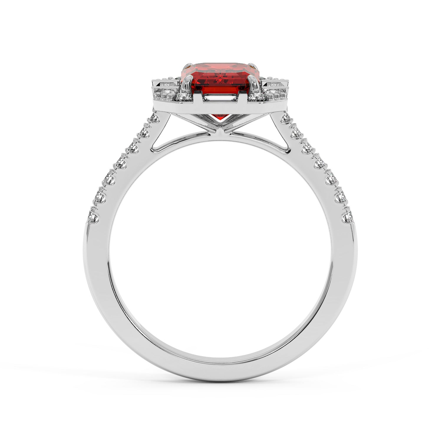 14k white gold ring with a large red ruby and small diamonds on the band, creating an elegant, luxurious look, displayed upright.
