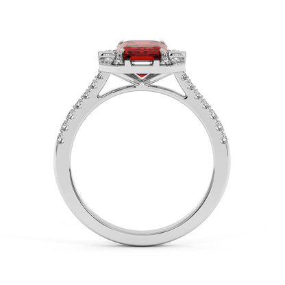 14k white gold ring with a large red ruby and small diamonds on the band, creating an elegant, luxurious look, displayed upright.