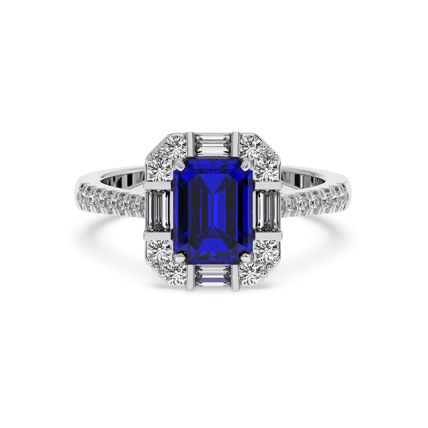 A 14k white gold ring with a large rectangular blue sapphire center surrounded by sparkling white diamonds, band encrusted with more diamonds.