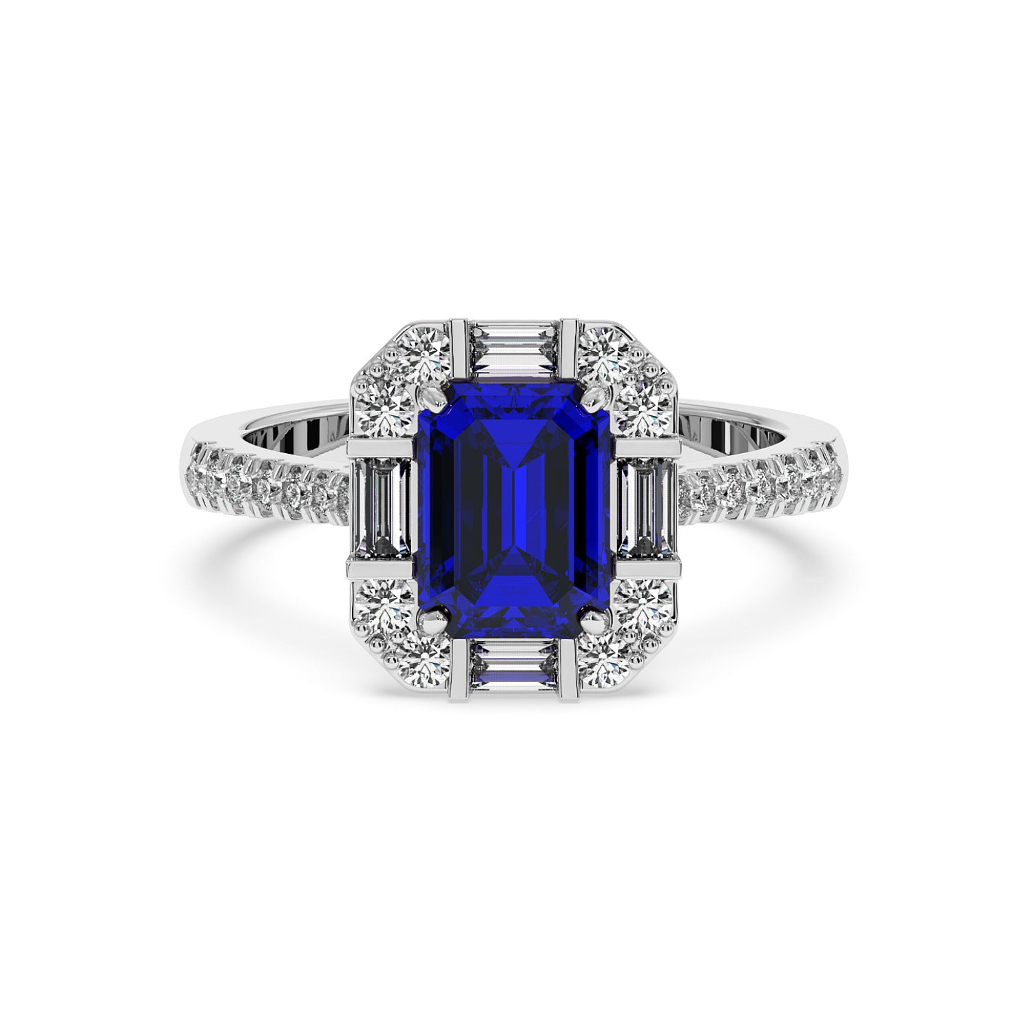 A 14k white gold ring with a large rectangular blue sapphire center surrounded by sparkling white diamonds, band encrusted with more diamonds.
