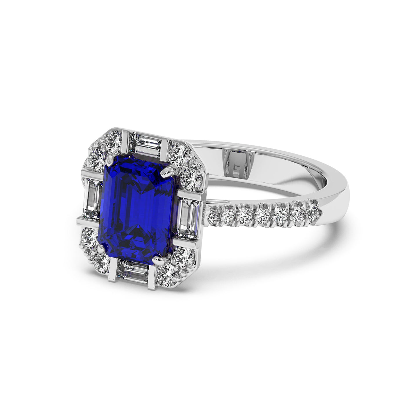 Elegant white gold ring with a rectangular blue gemstone center, surrounded by sparkling diamonds and a diamond-adorned band. Luxurious design.