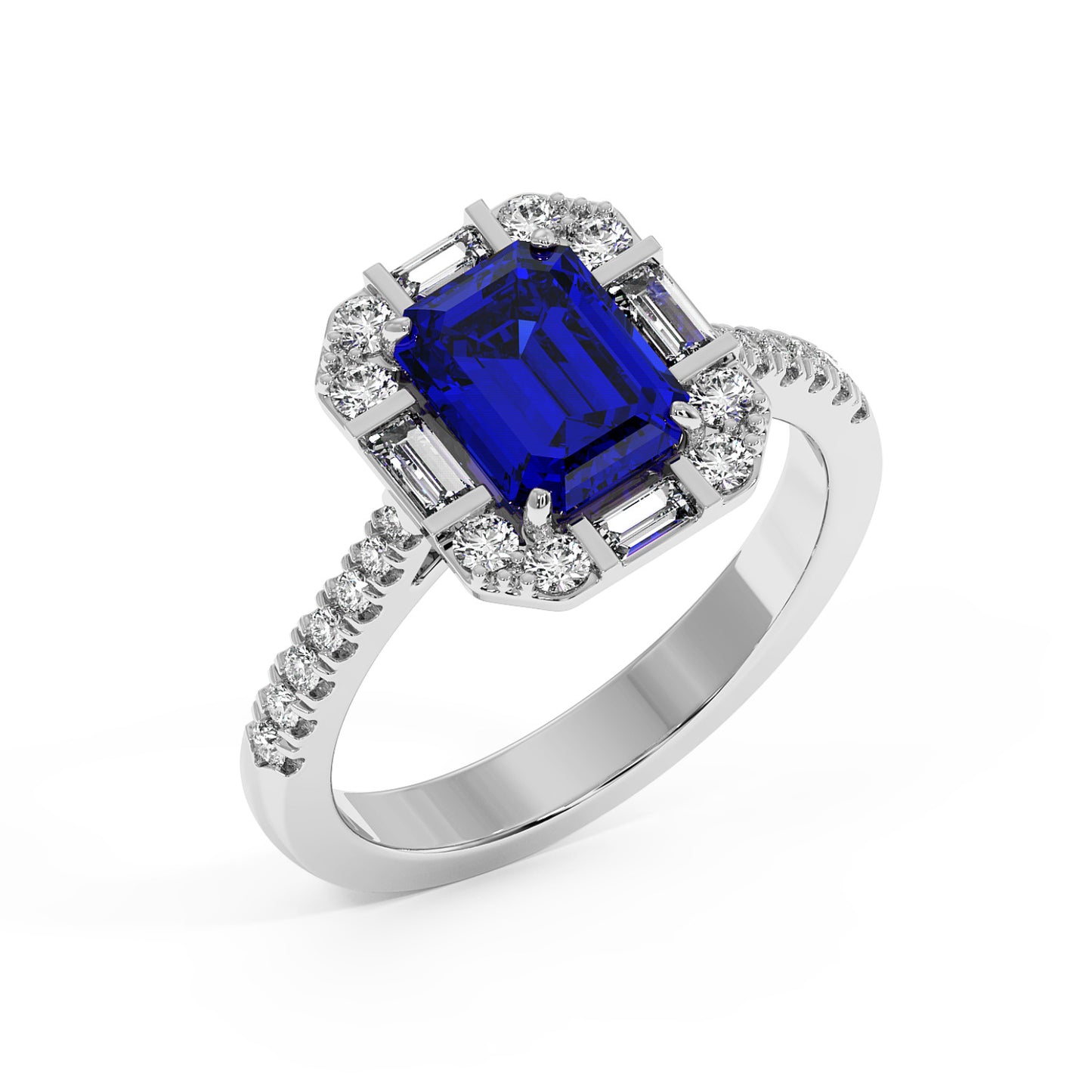 Top view of a white gold ring with a rectangular blue gemstone center, surrounded by sparkling diamonds and a diamond-adorned band. 