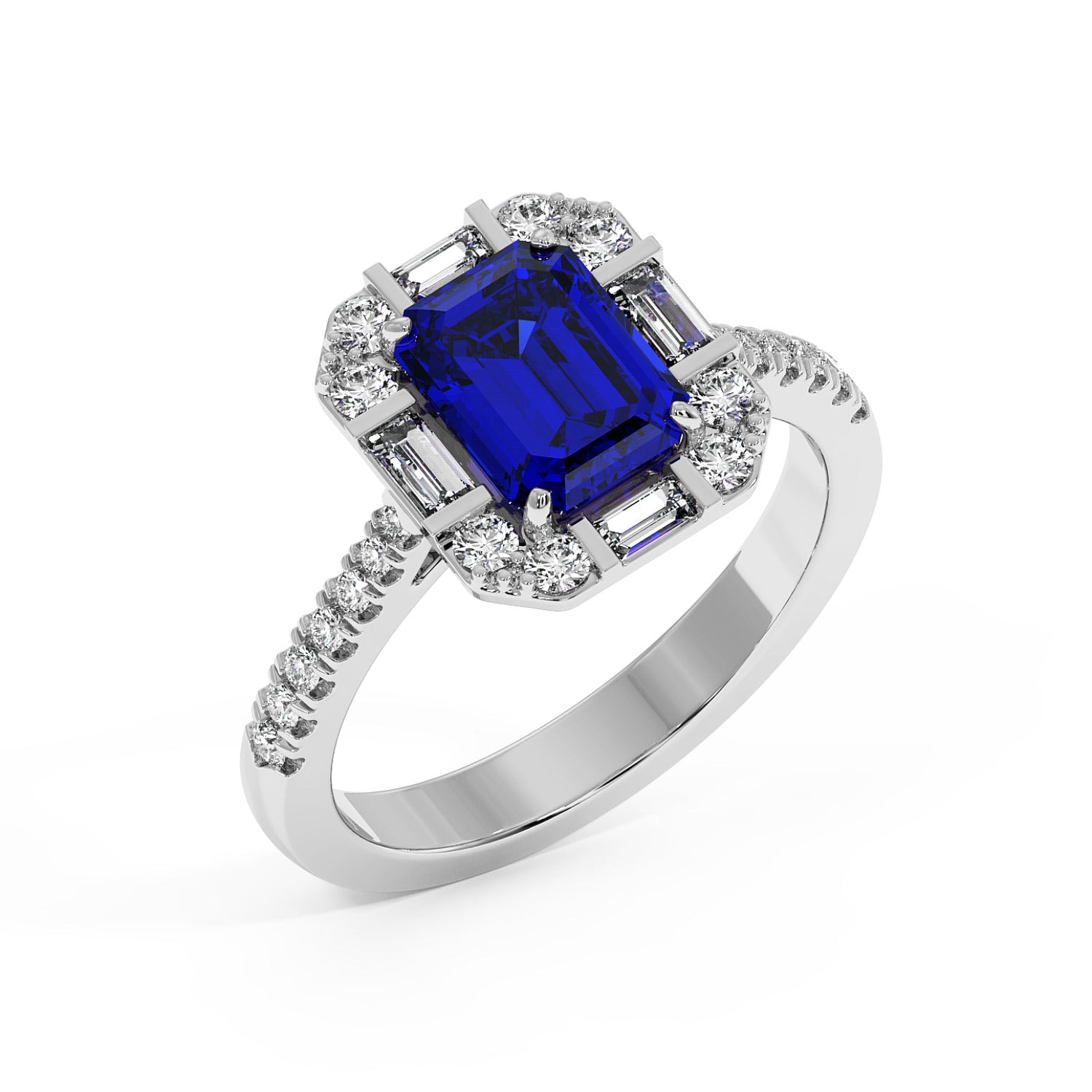 Top view of a white gold ring with a rectangular blue gemstone center, surrounded by sparkling diamonds and a diamond-adorned band. 