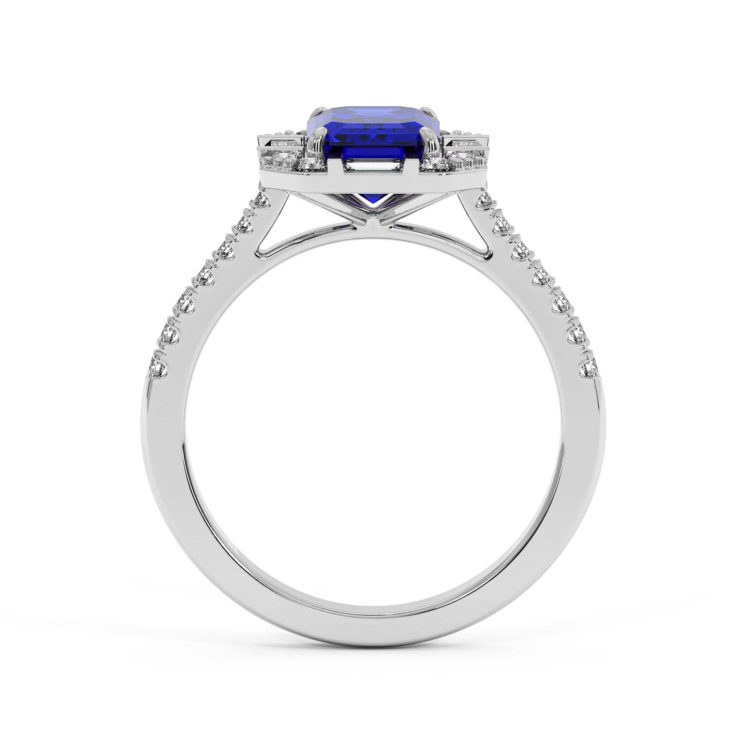 14k white gold ring with a large rectangular blue sapphire center bordered by small diamonds and a band adorned with tiny diamonds. Elegant and luxurious.
