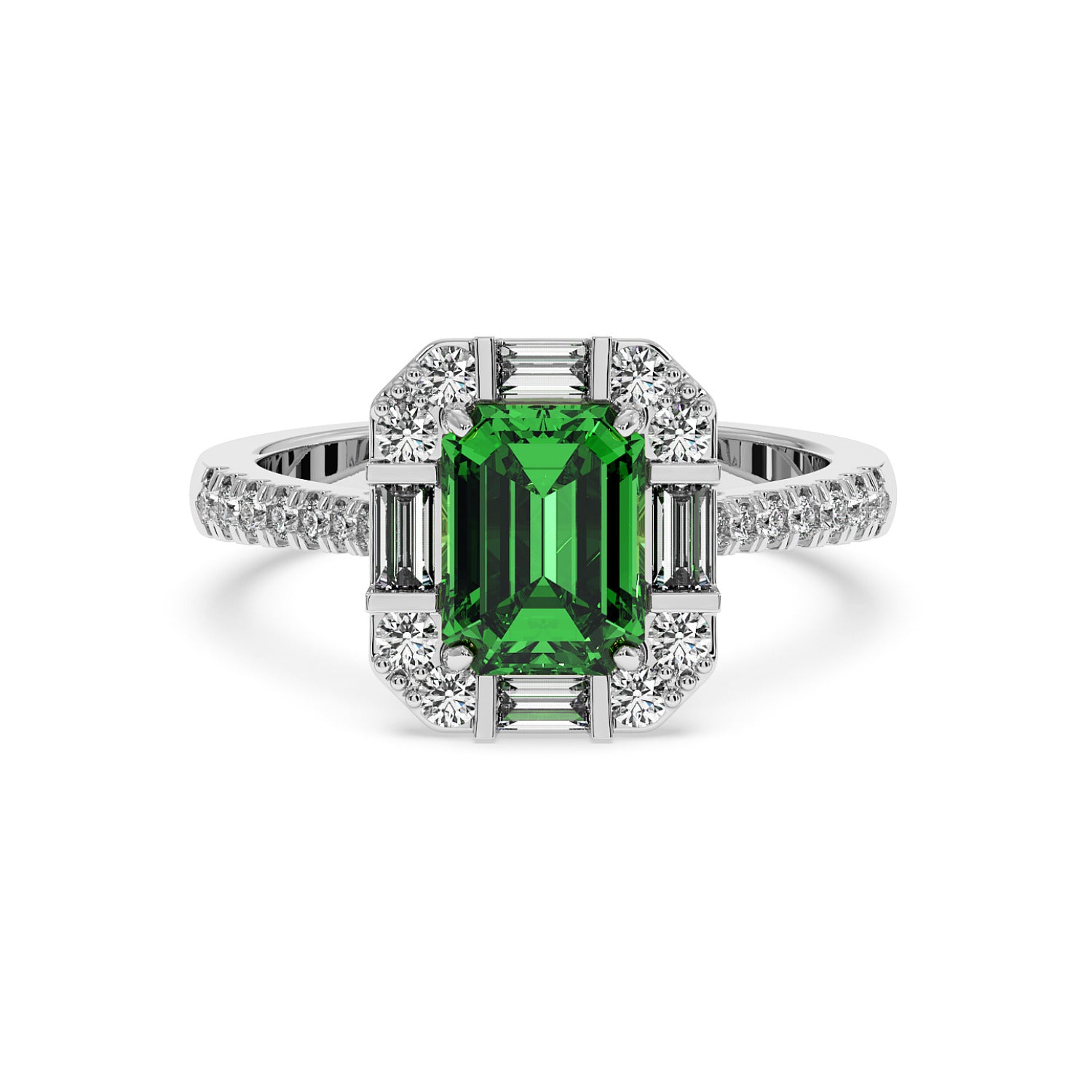 Emerald-cut green YAG ring surrounded by baguette and round diamonds on a 14k white gold pavé band, exuding elegance and luxury.